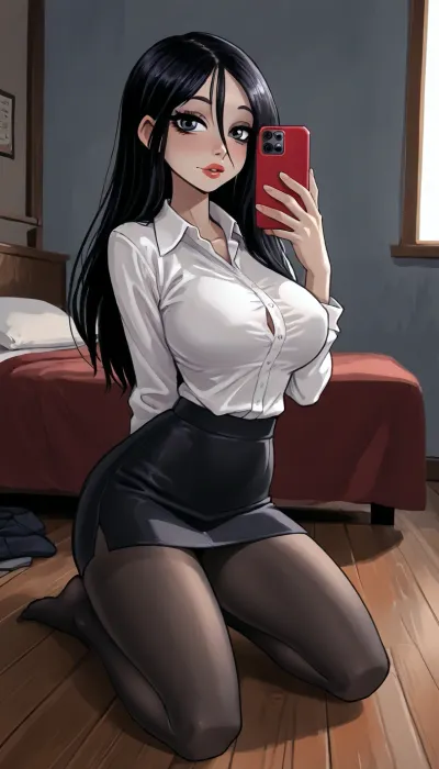 reiq meets innv and Jack cayless art style, closeup Sexy 18 year old woman, (student), (wearing student uniform, white shirt, color tie, pantyhose), photogenic 18 year old college student, Petite fit, busty hourglass figure, ((sexy wavy long brilliant black hair)), (kneeling on floor in the bedroom full body photo), (professional photo), wearing mini skirt, taking selfie with phone, sexy body, curves, large, breasts, big, boobs, huge, tits, warm sun light, ratatatat74, <lora:EnvyBeautyXL02:1>, <lora:mk_Bp Anime_xl:1>, <lora:EnvyAnimeDigitalPaintingXL01:1>, <lora:ratatatat74-000050:1.9>, <lora:bombshell_v2:1>