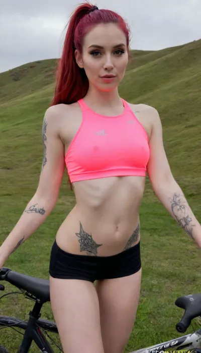 Young adult woman, slender athletic-feminine figure, narrow waist, gently curved hips, long well-proportioned legs, lightly toned arms, fair skin with warm undertones, tattooed neck, tattooed shoulders, tattooed chest, tattooed stomach, tattooed back, tattooed hips, fully tattooed thighs, tattooed lower legs, tattooed ankles, oval face, soft harmonious features, narrow straight nose, full naturally pink lips, almond-shaped eyes, green eyes, dark eyeliner, long thick eyelashes, full dark defined eyebrows, long red hair, ponytail, well-groomed appearance, black shorts, neon pink top, driving on mountainbike, cameltoe
