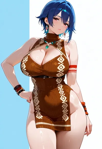 brown knitted sleeveless sweater dress with cleavage, dress with hip-high leg slit, dress with tribal pattern