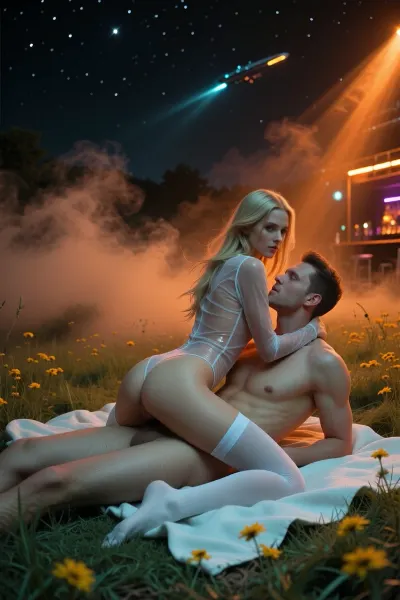 Fantasy setting, cgi Render with imperfections saturated dark orange colors Style, The scenario is enveloped in the deepest darkness imaginable in a a salsa bar experiencing a power outage, filled with thick, swirling steam and dust that obscures every surface, The air is heavy and thick, and no ray of light penetrates the suffocating haze, dark, extreme low light, god rays, 28 year old stunning whore, beautiful, (very long blonde hair), confident narrow face with high cheekbones, firm small ass, ((wearing a very short see through transparent skintight catsuit), (white stockings:1.5), ass and nipples visible through outfit, light wind, full body shot, outdoor, summer, rural, (lays on her back with spread legs on a white blanket in a field of grass filled with yellow flowers), arms around mans shoulder, sex, missionary, side view of woman sits on face of a fit naked white man, Extremely detailed rendering of all surfaces—skin, fabric, meadow, flowers, keep textures ultra-detailed, cinematic volumetric lighting, warm amber highlights, turquoise shadows), A dark sky full of stars, a solitary spaceship traces its path