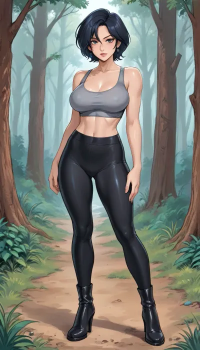 reiq style, (Thick outline:1.4), ((Cartoon Style:1.5)), (Eve from stellar blade game), (dark skin), ((short dark hair with pink tips)), sweat, large breasts, eyes looking at viewer, blushing, sexy body, slim thighs, ((25 years old)), A woman walking in the forest with a big wolf, wearing a black leggings pant and a gray tank top, high-heeled black boots, she walk in the forest side by side with a very big wolf, full-body, wystyle, ratatatat74, lineart, line, art, flat, colors, color, <lora:cartoon_stickers_xl_v1:.5>, <lora:outline_xl_kohaku_delta_spv5x:2>, <lora:Ppolar-P3v1-NbVp10:1.5>, <lora:ratatatat74-000050:1.9>, <lora:lineartSDXL:1.7>