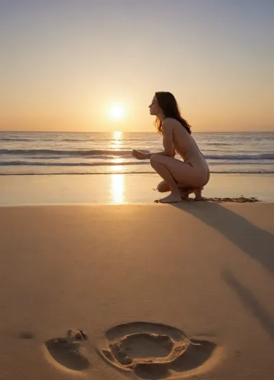(((full body:1.9))), A beach scene. The sunset bathes the sea and the sand in a honey-coloured glow. The light is coming from behind. The person is kneeling in an upright position in the centre of the scene, wide distance from the viewer, (((15m away from the viewer:1.9))), . The focus of the scene is the person and the surroundig landscape. One girl, 18 years old, nude, ((/barefoot)), brunette hair, perfect brunette hair, big blue eyes, detailed eyes, beautiful lips, beautiful nose, photorealistic, high resolution, high definition, ordinary background, perfect girl, perfect face, perfect tits, perfect nipples, small beautiful breasts, open breasts, bare breasts, barefoot, sideview