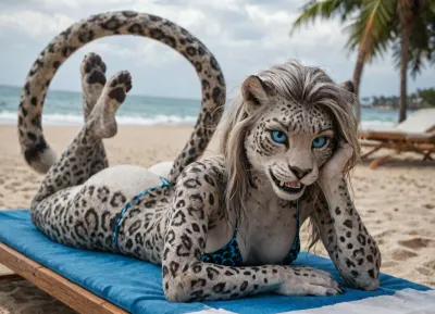 Masterpiece, high Quality, simple background, Best Quality, ((anthro female, leopard, anthrofied feline, beautiful face, blue sclera, black eyes, black nose, tail, gray body, gray fur, white body, white fur, two tone body, two tone fur, black spots, spotted body, gray hair, sharp teeth, black lips, fangs, long straight hair)), wide hips, (huge ass, massive thighs), small breasts, (wearing a bondeau bikini), looking horny, lying on beach chair, on stomach, paw feet, legs up, ass to viewer, dynamic angle, looking at viewer, beautiful composition, intricate detail, intricate details, masterpiece, (((furry art anthro woman))), ultra-HD, high detail, detailed face, best quality, beach, <lora:add-detail-xl:1.2>, <lora:LCMTurboMix_Euler_A_fix:.8>