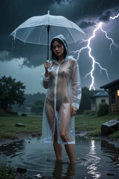 22yo asian Woman outside during a thunderstorm wearing a see-through raincoat, naked under the raincoat, holding an umbrella, dark clouds and lightning in the background, gloomy mood, standing in a puddle of water, haevy rain