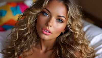 extreme wide angle close up taken with a 10mm lens from 2 feet away, Beautiful, 36 year old brazilian supermodel looking up at camera, 1.76 meters tall, (dark tan:1.3), bronze skin, beautiful, nude playboy, (long blonde wavy hair with brown highlights:1.4), detailed brown eyes, (professional make up job, eyeliner, blush, mascara), long eyelashes, (high cheek bones:1.4), perfect nose, (full pouty lips:1.2), firm 34c cup breasts, tight small ass, long shapely legs, long feminine arms, shaved pussy, smooth skin, perfect eyes, perfect teeth, painted fingernails, perfectly proportioned, highly detailed body and face, (surprised look:1.3), colorful lipstick on full lips, Posing on her back in luxury bed with colorful sheets., leaning back with her back arched, perfect mouth teeth and tongue, she is lustful., ((hair blowing in the wind:1.3)), realistiv eyes, High detail, excellent image quality, ((colorful neon background)), perfect toned body, perfect small toned ass, perfecteyes, insert, <lora:BUT_SDXL_SHS:.8>, <lora:MJ52:.8>, <lora:attractive_notrigger:1.1>, <lora:lora-sdxl-perfect-eyes:.4>, <lora:Carmine_Red_Lips:.8>