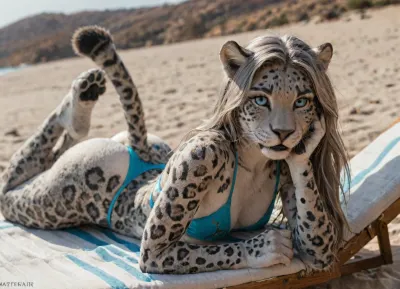 Masterpiece, high Quality, simple background, Best Quality, ((anthro female, leopard, anthrofied feline, beautiful face, blue eyes, black nose, gray body, gray fur, white body, white fur, two tone body, two tone fur, black spots, spotted body, gray hair, sharp teeth, black lips, fangs, long straight hair)), wide hips, big ass, massive thighs, small breasts, (wearing a bondeau bikini), looking horny, lying on beach chair, on stomach, paw feet, legs up, ass to viewer, dynamic angle, looking at viewer, beautiful composition, intricate detail, intricate details, masterpiece, (((furry art anthro woman))), ultra-HD, high detail, detailed face, best quality, beach, <lora:add-detail-xl:1.2>, <lora:LCMTurboMix_Euler_A_fix:.8>