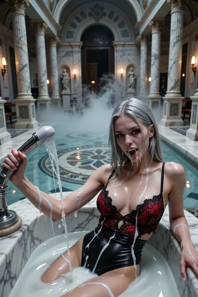 (masterpiece, best quality), (wide shot:1.3), (full shot:1.2), character in distance, expansive background, depth of field, roman bathhouse, (grand marble interior:1.2), high vaulted ceiling, towering corinthian columns, symmetrical colonnade, ornate mosaic floor, arched doorways, stone statues in alcoves, warm torchlight on walls, shallow pool spanning foreground, (steam:1.3), atmospheric haze, ethereal hot mist floating, soft diffusion, moody lighting, cinematic lighting, 1girl, vampire, vampire fangs, silver hair, red eyes, (gray skin:1.2), medium breasts, looking up at viewer, satisfied expression, half-closed eyes, from above, high angle, (black and red lace open-chest swimsuit:1.2), exposed breasts, nipple cutout, lace-trimmed, erotic swimwear, wet fabric clinging to skin, reclining in marble bath pool, handheld shower head, (covered in thick white viscous liquid:1.2), white fluid on hair, (white liquid dripping from breasts:1.2), white fluid on arms, (pool filled with white milky liquid:1.1), shower head spraying milk, sticky strands, glistening wet skin, highly detailed, photorealistic, 8K