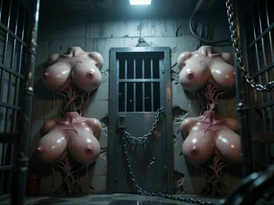 (huge_breasts:1.3), (disembodied_breasts:1.2), (breasts_growing_from_wall:1.2), wall-mounted_breasts, (nipples:1.3), (areolae:1.2), (prominent_nipples:1.2), (bare_breasts:1.2), four_pairs_of_breasts, multiple_breasts, breasts_in_row, flesh_merged_with_concrete, organic_growth_on_wall, (skin_texture:1.1), (glistening_skin:1.1), sweat_on_skin, moist, veins_visible, flushed_skin, dungeon, prison_cell, concrete_walls, iron_bars, jail_bars, steel_door, chains_hanging, damp_walls, cold_atmosphere, dim_lighting, single_light_source, harsh_shadows, eerie_ambiance, surreal_biomechanical, body_horror, wide_shot, from_front, symmetrical_arrangement, low_angle, cinematic_composition, photorealistic, highly_detailed, 8k, realistic_skin_render, wet_sheen