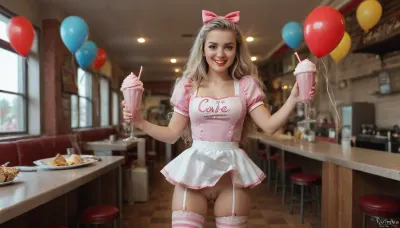 dynamic glamour pose, vibrant 1950s pin-up waitress inside a colorful retro American diner, ((serving a pink milkshake on a silver tray while playfully adjusting her stocking with a mischievous smile:1.4)), glamorous red lipstick, expressive eyes, soft curled blonde hair styled in classic vintage waves, fitted pastel waitress uniform with white apron, (garter belt visible beneath apron:1.3), tan fully fashioned seamed stockings, (realistic detailed pussy:1.3), elegant feminine silhouette, playful confident expression, bright turquoise and cherry red diner interior, glowing neon signs, checkerboard floor, chrome details, colorful vinyl booths, candy-colored retro palette, cinematic vintage photography, high contrast lighting, warm golden highlights, saturated colors, nostalgic Americana atmosphere, classic authentic pin-up aesthetic, beautiful realistic face, platinum blonde hair, (some balloons are printed with the text "Pussy Cafe" in bold colorful letters:1.3), (her shirt is printed with text "Pussy"), detailed pussy, beautypinupart, vim1, creampie, realistic pussy, RealTanFFStocking, bukkake, fully fashioned seamed tan stockings, retro stockings, striped back stockings, 1girl, vintagemuse, text, logo, <lora:RealTanFFStocking_XL:1.4>, <lora:PinupManiaXL_V1.0:1.9>, <lora:vintagemuse:1.8>, <lora:dvr-ftl:1.6>, <lora:CafesandBars:1.4>