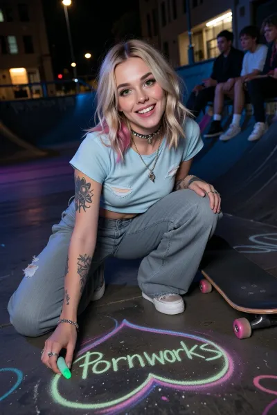 Night scene in a skatepark, urban atmosphere, young adult woman 25yo, street art style, beautiful, classy but unusual face and expression, white skin, small, loose baggy grey pants, pale-blue distressed t-shirt, skateboard close to her, ((blond with loose hair, mid size hair, she has pink colored streaks in hair)), big green eyes, arms fully tattooed, emo jewels, crouching on the ground creating chalk or spray graffiti art, group of friends visible in background sitting nearby, urban street photography aesthetic, ((above view)), . Dutch angle, vertical angle, cinematic composition, hyper realistic, ultra detailed. She draws using different bioluminescent colors that, ((glows)), in the dark with a cyberpunk effect, her drawing represents a heart and inside it the text, Pornworks. She looks upwards to the camera which is above her, head tilted back, large charming uneven smile., (Above view:1.8)