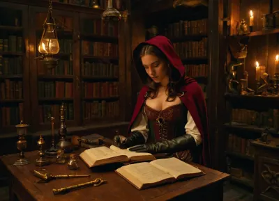 A young woman crouches beside a cluttered wooden desk in a dimly lit alchemist's study, holding a leather-bound folio close to her chest as she glances toward the door. She wears a fitted burgundy corset embroidered with golden alchemical symbols, dark leather gloves reaching past her elbows, and a hooded cape draped over one shoulder. Behind her, tall wooden shelves overflow with ancient books, glass vials, and dried herbs hanging from the ceiling. A single oil lamp on the desk casts flickering amber light across scattered tools — a brass astrolabe, an open notebook covered in cryptic diagrams, a small vial of glowing green elixir. Shadows stretch long across the stone floor. The mood is tense and secretive, rich with warm firelight and deep shadow, cinematic composition, shallow depth of field.
