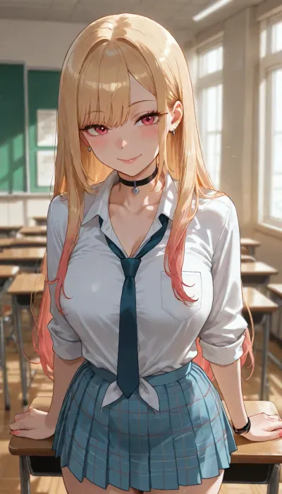 marine kitagawa, 18, school classroom, white collared shirt, pleated skirt, medium breasts, unbuttons his shirt, horny look