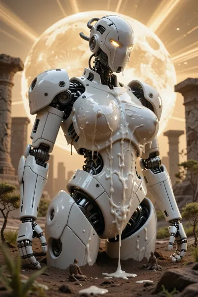 masterpiece, best quality, highly detailed, mecha, (giantess:1.3), (female_robot:1.2), ancient_technological_relic, (ceramic_armor:1.3), (porcelain_plating:1.2), glossy_white_ceramic_hull, smooth_porcelain_surface, glazed_ceramic_finish, mecha_joints, segmented_armor_panels, visible_mechanical_seams, robotic_underframe_exposed_at_joints, buried_in_ground, upper_body_only, torso_emerging_from_soil, half-submerged_in_earth, (huge_breasts:1.2), (gigantic_ceramic_breasts:1.2), (feminine_chest_plating:1.1), curved_bust_armor, deep_cleavage, (mechanical_pussy:1.2), (exposed_ceramic_vagina:1.2), (mechanical_labia:1.2), groin_armor_sculpted, (cum_on_breasts:1.2), (milky_white_semen:1.2), (thick_sticky_cum:1.2), (glistening_cum_drip:1.2), cum_dripping_down_ceramic_surface, messy_cum, massive_sun, dramatic_backlight, warm_golden_glow, god_rays, lens_flare, (tiny_trees:1.1), miniature_forest, extreme_scale_contrast, sparse_vegetation, thin_tree_line, (villagers:1.1), kneeling_worshippers, tiny_silhouettes_at_base, ritual_gathering, cult_devotees, ancient_ruins, technological_shrine, overgrown_ceramic_mecha, post-apocalyptic_landscape, low_angle_view, looking_up_from_ground, epic_perspective, vast_scale, cinematic_lighting, photorealistic, 8k, sharp_focus