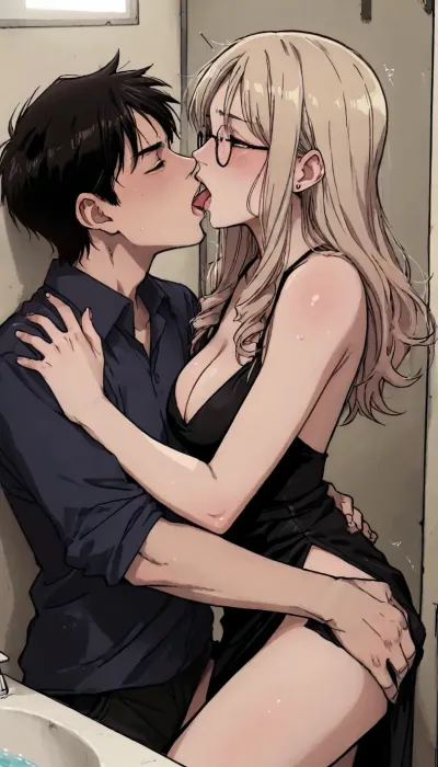 ((markgavatino style)), Melkor mancin style, Milf, wavy natural blonde hair. Sex in airport bathroom., (wearing a condom), Glasses. Hungry seductive expression. Begging for more. Sexy black cocktail dress. Little Black dress. Loose ringlets, bimbo body, small breasts, Seductive. trembling, quivering, whole body orgasm. flirty, high contrast, one man is fucking her pussy as he thrusts his cock deep inside her. Tight embrace. black evening dress. Dynamic pose. Uncontrollable orgasm. She leans her back against him, and he supports her as she cums so hard her knees go weak. Passionate embrace. Pressing her body against his. Lust. Undressing, Orgasm. Screaming. Shouting, "Fuck me harder! I'm cumming! I'm cumming!" Pubic hair., public. Airport., (dramatic lighting:1), perfect hands, perfect fingers. ratatatat74, kousaka, kirino, gokou, ruri, izumi, sagiri, himemori, luna, sakura, miko, tsunomaki, watame, <lora:LCMTurboMix_Euler_A_fix:.5>, <lora:ratatatat74-000050:1.5>, <lora:mk_Bp Anime_xl:2>, <lora:Kanzaki Hiro_XL:1.7>, french, kiss, <lora:french_kiss_xl_v1:.8>
