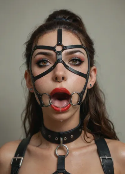 ((30 years old, Tipical italian girl, fit body, fake booobs, perfect cute face, curly very long brown hair in ponytail, brown eyes, light freckles, bimpo lips, skin pores, smooth skin, round ass, hips gap, oiled body)), ((heavy goth makeup, eyeshadow, eyeliner, mascara, red lipstick)), (slave collar), ((nose ring piercing, septum piercing:1.5)), (wearing a black thong), ((face harness gagged mouth:1.5)), ((drooling saliva from mouth, lot of saliva)), in a country apartment, chiaroscuro, style, dim, light, ball, gag, spider, bit, ring, <lora:add-detail-xl:1.3>, <lora:polyhedron_chiaroscuro-000005:.8>, <lora:detailed_notrigger:1.2>, <lora:gagged-4e:.8>