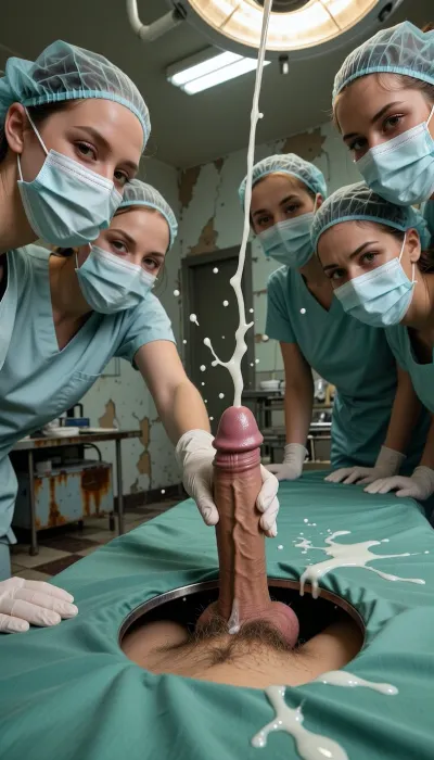 run-down operating room, peeling walls, cracked floor tiles, rusty surgical equipment, flickering fluorescent light, low angle shot, surgical table, green sterile drape, circular fenestration hole in drape, erect penis standing straight up through circular hole, shaft, glans, testicles resting on drape beside hole, pubic hair at base, hole rim encircling penis base, 4girls, four female nurses, surgical scrubs, surgical cap, surgical mask, only eyes visible, latex gloves, leaning in around table looking down, one nurse gloved fingertips touching underside of glans, clinical inspection gesture, not gripping, not stroking, penis ejaculating, semen spurting upward, milky white cum, semen strands, semen splashing on surgical mask, semen on glove, semen on drape surface, other nurses eyes wide shocked, raised eyebrows, harsh surgical lamp overhead, cold clinical lighting, photorealistic, raw photography, high detail, 8k