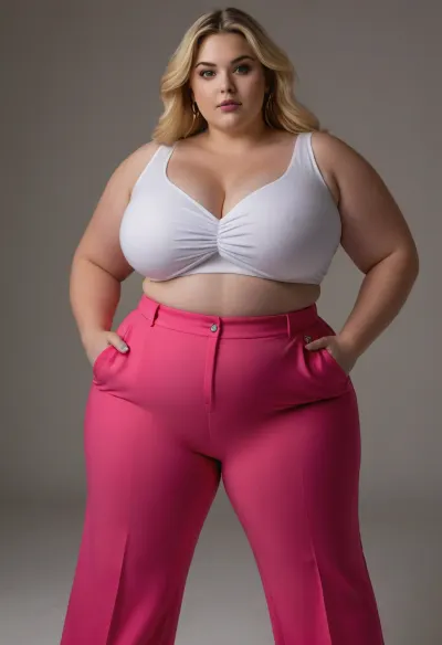 (masterpiece:1.3), (best quality:1.3), (ultra realistic:1.25), (photorealistic:1.25), RAW photo, fashion photography, studio portrait, soft natural daylight, clean white background

A beautiful young obese plumper blonde woman with long, massive chest, softly wavy hair parted to the side, fair skin, blue eyes, subtle confident expression, natural pink lips, very curvy, soft blush, elegant winged eyeliner, fatty, (Finley drawn facial features), chubby face, looking directly into the camera., (Overweighted plumper:1.4), (cameltoe:1.5), She is wearing a, (flowing sleeveless white blouse:1.45), made from lightweight crepe fabric with a very subtle vertical texture. The blouse features a, (wide square neckline:1.35), relaxed A-line silhouette, loose fit, smooth drape, slightly flared hem, no visible buttons, no collar, minimalistic modern design, premium fashion quality.

She wears, (high-waisted hot pink wide-leg trousers:1.45), made from lightweight pleated fabric with fine vertical pleats, elegant flowing material, vibrant fuchsia color, loose palazzo cut, (sophisticated modern fashion.

Accessories:1), (gold teardrop earrings:1.3), (thick polished gold bangle bracelet:1.25), (small structured hot pink crocodile embossed leather handbag:1.45), with short top handle, flap closure, luxurious texture, matching the trousers.

Pose, standing naturally, one arm relaxed beside the body, the other hand holding the handbag by its top handle, slight body angle, shoulders relaxed, confident fashion model pose.

Lighting, soft directional sunlight from the left, gentle shadows on the background, high-key studio lighting, clean white seamless backdrop.

Camera, 85mm lens, f/2.8, full-body portrait, eye-level angle, sharp focus on face, high dynamic range, fashion editorial, luxury clothing catalog, extremely detailed fabric texture, realistic skin, natural proportions., <lora:style_lora_realis:.4>, <lora:runga_8.1-000002:.2>, large, breasts, big, boobs, huge, tits, <lora:bombshell_v2:.8>