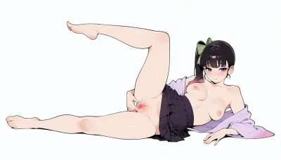 derpixon style, simple cartoon porn, bold black outlines, vibrant flat colors, without shading, clean lines, white background, Kanao Tsuyuri, long black hair with pink tips, purple eyes, pleasure face, partially clothed, haori falling off shoulders, skirt bunched at waist, lying on side, one leg raised, fingers deep inside pussy, other hand groping breast, detailed spread labia, full body side view, maximum simplicity, clean flat coloring