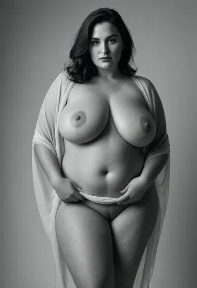 A black and white fine-art nude photography-style image of a curvy woman enveloped in sheer, delicate silk fabric, eyeliner, ((natural huge sagging breasts, downward pointing nipples and areoles)), attractive chubby face, finely drawn facial features, natural lip texture, dreaming face, (strong thighs), strong long legs, positioned centrally in a vast, minimalistic white studio space. The fabric is ultra-thin and transparent, clinging to her plumper body, revealing the pressure and tension where it presses against her skin. The interplay of light and shadow, Venus body type