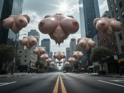 masterpiece, best quality, ultra high resolution, 8k, photorealistic, city street, asphalt road, road lane markings, urban landscape, modern skyscrapers, buildings, from below, looking up at sky, low angle, worm's eye view, cloudy sky, daytime, natural sunlight, sun flare, (floating:1.2), (disembodied breasts:1.3), (giant breasts:1.2), multiple breasts, more than ten pairs, numerous breasts hovering above city, (nipples:1.2), (areolae:1.1), (cleavage:1.2), levitating, drifting in air, suspended in sky, no torso, no body, only breasts existing independently, realistic skin texture, pore details, subtle skin sheen, surreal scene, eerie atmosphere, unsettling yet erotic, cinematic composition, wide angle, deep depth of field
