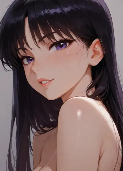 1girl, solo, hino rei, sailor mars, petite, long hair, black hair, very long hair, purple eyes, naked shoulders, side view, head focus, detailed face, looking at viewer, naughty face, parted lips, teeth, simple background, masterwork, masterpiece, best quality, high detailed, very aesthetic, 8k