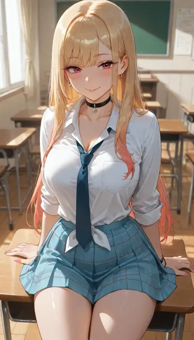marine kitagawa, 18, school classroom, white collared shirt, pleated skirt, medium breasts