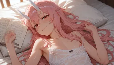 masterpiece, best quality, newest, amazing quality, very vibrant colors, 1girl, solo, shuna \, (tensei shitara slime datta ken\, flat chest, slender, petite build, light pink hair, single small smooth white horn on forehead, red eyes, lying in bed, white sheets, messy bed, reading a book, wearing thin white camisole, translucent clothing, look at viewer, seductive smirk, morning sunlight, cozy atmosphere, depth of field, upper body, nipple slip)