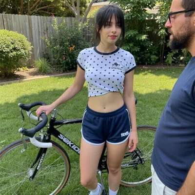 35-year-old italian girl messy black bangs shoulder length hair.thin figure, extremely wide hips, White polka dot t-shirt, navy blue 1980s adidas terry cloth volley-ball shorts, short white socks, sneekers. oval face, small nose, high cheek bones, narrow mouth. backyard summer, standing beside her sekine 10-speed bicycle. man with beard and glasses talking to girl