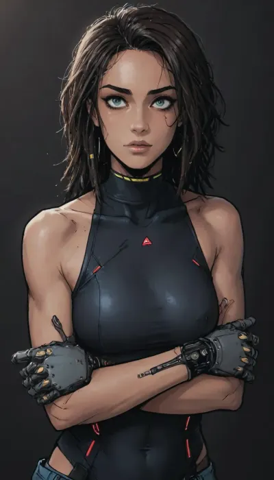 score_9, score_8_up, score_7_up, source_anime, close up portrait, Masterpiece, dynamic view, 1woman, 35 years old, mature, tall, (an african woman, african face features, african art, long Dreadlocks, dread rings, undercut, very homogeneous skin, very dark skin, black skin, perfect big breasts, sleeveless shirt, sideboob), (cyborg with bionic limbs and body:1.4), (realistic:1), (leaning forwards, open eyes, own arms pushing breasts tight together, looking at viewer:1.4), wide jaw, (A detailed anime drawing with clean lines and meticulous shading, flat colors, line art, no gradients), realistic anatomy, (cyberpunk City in background, daylight), Moebius, detailed face, (Jean, Giraud), page, lineart, <lora:Moebius (Jean Giraud) Style:1>, <lora:outline_xl_kohaku_delta_spv5x:1>, <lora:lineartSDXL:1>, Andava, Andavaverse, realistic drawing, ((markgavatino style)), Melkor mancin style, masterpiece, simple background, <lora:mk_Bp Anime_xl:.1>, <lora:Mecha_Ggorgeous_Armor-000011:.8>