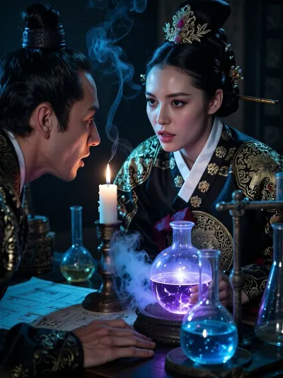 A cinematic shot filled with a tense atmosphere. A wanbi from the Joseon Dynasty, dressed in a royal black-and-gold hanbok, has come on a secret visit to the royal physician-alchemist, she stares intently at the court alchemist as she discusses the queen’s health with him, (the king), . On the alchemist’s cluttered table stand steaming flasks, blueprints for alchemical devices lie scattered, and violet and blue potions glow. The only sources of light are a single candle and the magical glow of the chemicals, casting dynamic shadows on their faces. Highly detailed eyes, realistic skin texture, intricate royal embroidery on the queen’s hanbok, and gold ornaments in wanbi’s hair