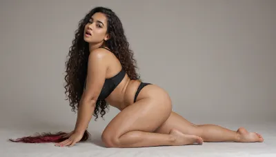 Brazilian Latina Woman, ((curvy:1)), ((chubby:.6)), (((very large hips))), side view, pony, on her knees, black bra, black panties, wine hair, curly hair, ((very very long hair)), open mouth, seductive face, full body, Keep face details.