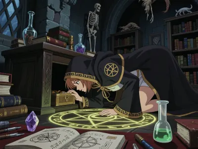 90s anime screencap, shonen style, low angle shot looking up, dynamic perspective, A medieval castle. In the darkened study of the Royal Alchemist, a young woman kneels and leans deeply into a low cupboard, looking for treasure to steal. She wears a hooded cape embroidered with golden alchemical symbols. Beneath both of them is a glowing magical circle.

The room is overflowing with ancient books, glass vials, and the skeletons of strange animals hanging from the ceiling. A desk is covered with scattered tools — mystical crystals, an open notebook covered in cryptic diagrams, a small vial of bubbling green elixir. The mood is mystical and magical, deep shadow, sharp angular lines, cel-shaded, film grain, (4:3), composition, VHS aesthetic, saturated colors, 1998