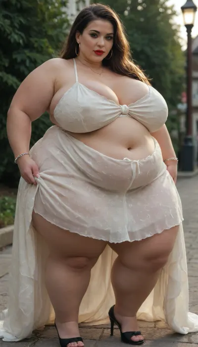 Brunette SSBBW, (massive 600 pounds, obese), with very long hair, (90s hairstyle), big gold hoop earrings, conservative makeup, (dark eyeliner, scarlet lipstick), Plump, fat, obese, hourglass shape, massive fat thick thighs, (very large heavy breasts), big woman. Massive belly, Wide belly, Belly rolls, fat rolls, fat arms, fat neck. Super obese, proportionately obese.

View from the front, (close view), (tradwife), (housewife), formal event outdoors, low lighting, luxurious dress. Ultra Morbidly obese. Morbidly obese. Extreme obese.