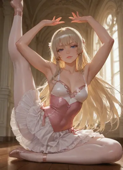 A stunning young classical ballerina, 22 years old, elegant and refined beauty, delicate facial features, large expressive almond-shaped eyes with long thick lashes, soft arched eyebrows, small elegant nose, full natural lips, high cheekbones, flawless porcelain skin with subtle luminous glow, long graceful neck, perfect professional ballerina body, extremely slim and toned athletic physique, narrow shoulders, long elegant arms, small firm breasts, dramatically narrow waist, flat toned abdomen, visible but feminine hip bones, long powerful slender legs with beautiful muscle definition in calves and thighs, high arched flexible feet, performing a perfect full side splits, (grand écarté), on the floor, one leg extended straight forward, the other straight back, pelvis perfectly lowered and pressed to the floor, back elegantly arched, chest open, arms raised in graceful ballet port de bras above the head, fingers delicately positioned, head slightly tilted, serene and focused expression, wearing a delicate white classical ballet outfit, tight bodice that beautifully accentuates her slim waist and small breasts, short layered tulle tutu skirt spread around her on the floor, pale pink satin pointe shoes with long ribbons elegantly wrapped around her ankles, sheer ballet tights, in a sunlit classical ballet studio with polished wooden floor and large wall mirrors reflecting her pose, soft dramatic volumetric lighting, gentle god rays, cinematic atmosphere, highly detailed, 8k, photorealistic, masterpiece, intricate details, sharp focus, elegant and sensual composition