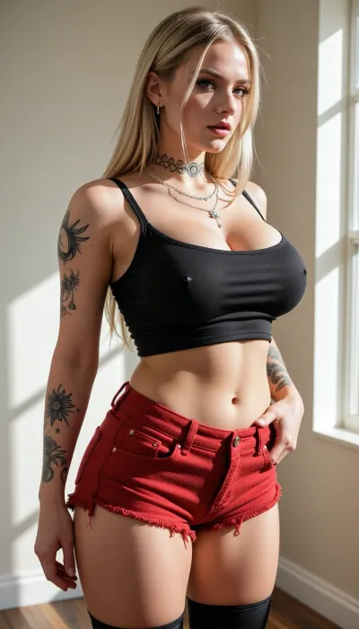 Photorealistic masterpiece, ultra-detailed 8k RAW photo, extremely seductive and over-the-top pornographic scene, beautiful young blonde woman with long straight blonde hair, perfect athletic yet curvy body, standing in a sunlit room, wearing an extremely revealing tight black strapless crop top that barely covers her large round firm breasts with deep cleavage and underboob visible, completely bare midriff showing toned flat stomach and navel, very short tight red denim hotpants cut extremely high that barely cover her ass cheeks with visible cameltoe and lower ass exposed, black high heels, side profile pose with one hand on hip emphasizing her curves, detailed realistic skin texture with natural sunlight highlights, highly explicit and lewd atmosphere, sharp focus, depth of field, perfect anatomy, sensual and provocative pose with lots of exposed skin, extreme eroticism, simple rings, nose piercing, and layered silver necklaces. Feminine artsy spiritual tattoos decorate her arms and collarbone, including fine-line moon phases, wildflowers, sacred geometry, stars, and abstract goddess-inspired linework.