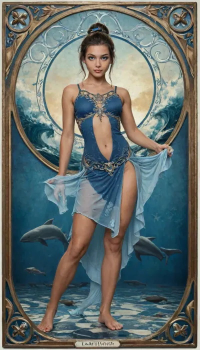 Art Nouveau style, waterbender from avatar airbender, Looks like a blue queen of the ocean, ((Art Nouveau ornament of dolphins, whales, turtles)), (((Sea themes))), (((blue eyes))), (((fins and spray))), intricate revealing tribal dress, small breasts with stiff nipples, beautiful, tan, slight smile, very high slit skirt revealing slight pussy and pubic hair