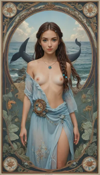 Art Nouveau style, katara Looks like a blue queen of the ocean, ((Art Nouveau ornament of dolphins, whales, turtles)), (((Sea themes))), (((katara hair with blue eyes))), (((fins and spray))), novuschroma, style, Ivan, Bilibin, Style, page, intricate revealing tribal dress, small breasts with stiff nipples, beautiful, tan, slight smile, very high slit skirt revealing pussy and pubic hair, <lora:124_novuschromaSXL_a4:.8>, <lora:Ivan Bilibin Style:.8>, <lora:nobrav1_SDXL:.6>