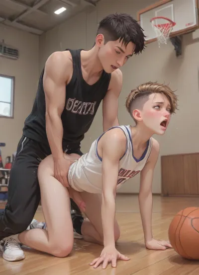 ((anime style)), (Thick outline:1.4), ((Cartoon Style:1)), ((Hentai)), (seen from the side), gay, interracial, indoor basketball court, slim twink in working clothes, slender, petite, shaved pixie cut, freckles, twink slut getting fucked by a massive black man. Anal sex, getting fucked from behind, doggystyle, a big black man, large penis, (body shaking orgasm, screaming orgasm), score_9, score_8_up, score_7_up, score_6_up, style anime, inspired illustration, oda, non, front view, <lora:outline_xl_kohaku_delta_spv5x:1.9>, <lora:cartoon_stickers_xl_v1:.5>, <lora:AshMilkshake_Illustrious_v1:1.1>, <lora:NEOTOKIOXL_0.2_RC:.5>, <lora:Ppolar-P3v1-NbVp10:.8>