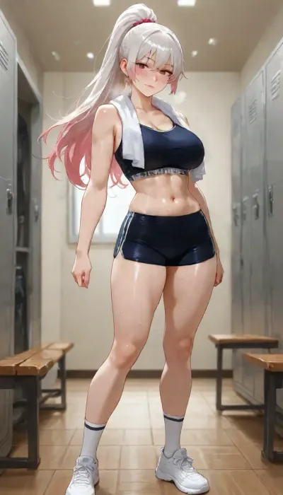 Beautiful seductive anime girl, perfect body, long hair, standing completely nude in gym locker room in front of open locker, back slightly turned to viewer, looking over shoulder with teasing expression. Soft side lighting highlighting curves, sweat on skin, detailed anatomy, towels and sports clothes inside the locker, steamy atmosphere, highly detailed, sensual mood.