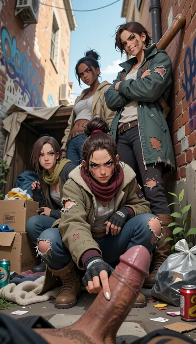 pov, pov penis, (erect penis:1.3), from below, low angle, penis in foreground, looking down at viewer, 3girls, homeless women, vagrants, ragged clothes, (torn clothing:1.1), patched jacket, oversized coat, layered clothes, dirty face, messy hair, unkempt hair, messy bun, fingerless gloves, ripped scarf, worn-out boots, squatting, (finger poking glans:1.2), (poking penis:1.2), teasing penis, outreached hand, demanding gesture, extortion, standing, arms crossed, looking down, smug face, condescending smile, sinister grin, intimidating, scornful, leaning against wall, holding wooden bat, weapon on shoulder, bullying atmosphere, alley, back alley, brick wall, graffiti on wall, makeshift shelter, cardboard boxes on ground, old blanket, trash bags, scattered cans, empty bottles, cluttered ground, hideout, daylight from alley entrance, (flat colors:1.2), 2d art, cartoon style, cel shading, simple shading, clean lines, thick outlines, game cg, plants vs zombies art style, bright colors, high contrast, limited color palette, hard shadows