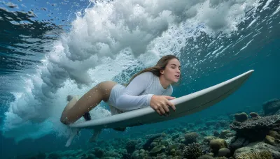 Highly detailed photorealistic underwater documentary photograph of a 23 years old female surfer captured mid duck dive, the moment a powerful ocean wave breaks directly over her, camera positioned underwater slightly below and in front of her, wide angle view, she wears a sleek white long sleeve suit, long blonde hair flowing naturally in the turbulent water, her face calm and focused, the board driven underwater by the force of the breaking wave, overhead a thick explosive wall of white water, collapsing lip, swirling form, dense bubbles, chaotic underwater currents, realistic vortex patterns and suspended particles, natural caustic light from the sun filtering through, authentic underwater color absorption, crystal clear tropical water, detailed reef below, realistic skin texture, natural anatomy, lifelike motion, ultra detailed water physics, immersive environmental storytelling, deep depth of field, extreme sharpness, high dynamic range, authentic surf photography