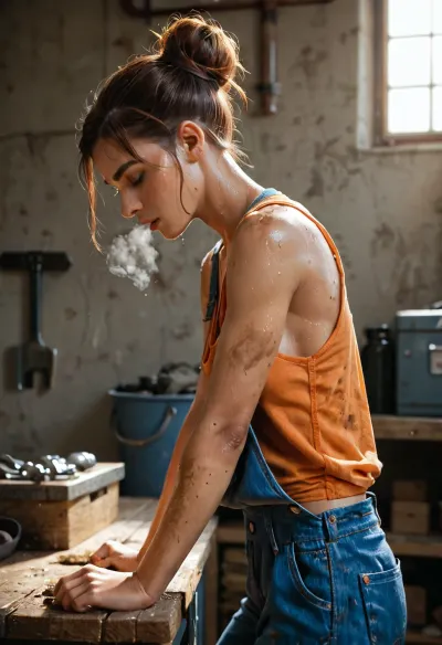 score_8_up, score_7_up, 21 years old, grown out pixie hair, briwn eyes, brown hair, detailed face, realistic, dark skin, hair bun, extremly beautiful, (skinny_girl:1.2), athletic, cinematic lighting, workshop, exhausted, wearing blue overalls, orange tank top, <lora:Beautiful_female_model_face_18-30:.8>, sweating, working, dirty, dirty skin, side view, Hammer in her hand, hammering, in action, breathing intensely, downblouse, nipslip, <lora:RealDownblouseXL2:.8>