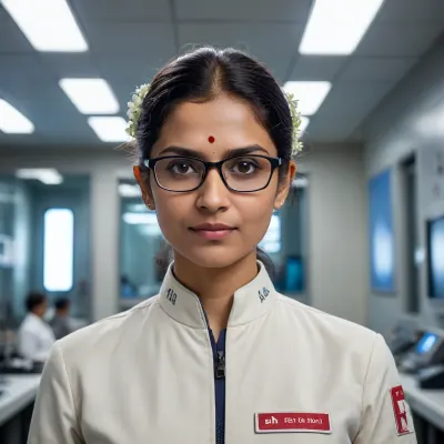 A world-renowned middle-aged South Indian woman scientist, (50–55), internationally respected for her groundbreaking discoveries, with a calm, commanding presence and unmistakable intellectual aura. She has a naturally mature face with fine skin pores, faint smile lines, subtle under-eye texture, expressive intelligent eyes behind thin rectangular spectacles, salt-and-pepper hair neatly tied into a low bun with a small jasmine garland, a tiny red bindi, and minimal jewelry. She wears a custom futuristic Indian scientific uniform in ivory and deep navy with a structured high-collar jacket, subtle saree-inspired design elements, an official research ID badge, smart wrist device, and protective gloves.

She is the lead scientist in a massive ultra-modern research laboratory, confidently directing AI robotic assistants, manipulating floating holographic molecular models, reviewing complex equations on transparent displays, and overseeing advanced experiments. Her posture is composed, authoritative, and deeply focused—the kind of person everyone in the lab looks to for decisions. The laboratory is filled with quantum computers, robotic arms, energy reactors, precision instruments, immersive holographic interfaces, and cinematic blue-white lighting. Photorealistic, ultra-realistic mature skin, highly detailed, HDR, 8K, masterpiece, scientific genius, Nobel Prize-level researcher, cinematic science-fiction realism.