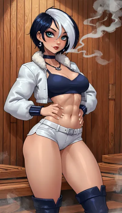 (innv meets jack cayless style), (reiq style, masterpiece, cel-shaded, limited color palette), ((Beautiful Muscles Sexy Luna Snow from marvel rivals game body:1.5)), (1girl, solo, alone, 21 year old woman), (gorgeous, seductive face, short cut hair, mature, ads, perfect breast, perfect hands, perfect legs, small waist, thighs, hips, ass, body), (haft white hair haft black hair), ((blue color top spandex bra)), (white spandex hotpants), (short spandex jacket), (necklace), (earrings), (neck wrap), (hand straps), (blue color leather boots), (white belts around hips), (standing teasing posing), (in sauna, steam, smoke, background), ultraviolet light, LoL, Style, <lora:LCMTurboMix_Euler_A_fix:2>, <lora:mk_Bp Anime_xl:2>, <lora:Marvel_Rivals:2>, <lora:Microwaist_XL_v01:2>, <lora:EnvyTomboyXL01:2>