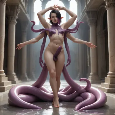 elf twink, purple skin, bone spikes growing out of skin, glowing eyes, purple eyes, dark purple penis, huge penis, spiked penis, mutated penis, full body, black sclera, muscular, muscular femboy, side shave, black hair, purple highlights, towering tall femboy, textured penis, mysterious purple haze, penis tentacles, erect penis, standing in a puddle of purple goo, tentacles growing out of the purple goo, reaching out to viewer with one hand, tentacles stretching towards viewer, they are about to fuck every hole in the viewers body, they will fuck viewer to the point his holes are permanently stretched, covered in slime, tentacles coiling around arms and legs, ancient mysterious temple, weird mutations in body, (too long arms, deformed patches of skin, small tentacle in hair, 6 arms), arms open welcoming you into the corruption, soft loving expression, motherly expression, <lora:TwinksAnatomyXL_v1.0:.8>