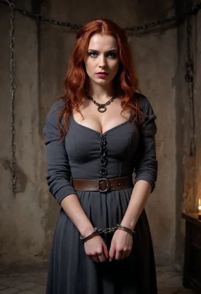 (masterpiece, best quality:1.2), photorealism, studio photo, UHD, 8k, medieval interrogation chamber, rusty chains hanging from the ceiling, dim torchlight, rough stone walls, cinematic lighting, moody atmosphere, high detail, realistic textures, dark medieval tone, detailled face, beautiful serbian woman, 30 years old, long red hair, (dark glamour makeup:1.2), busty, wearing a grey medieval dress, her hands are tied by massive rusty handcuffs, she knows that a harsh interrogation by the inquisitor awaits her, handscuffs, handcuffed, <lora:handcuffs_XL_1_-000007:.8>