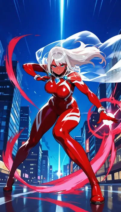 full body view, Superheroine, red skin, long white hair, bright blue eyes, athletic body, (totally naked under fully transparent bodysuit), transparent short cape, dynamic fighting stance, modern city at night background