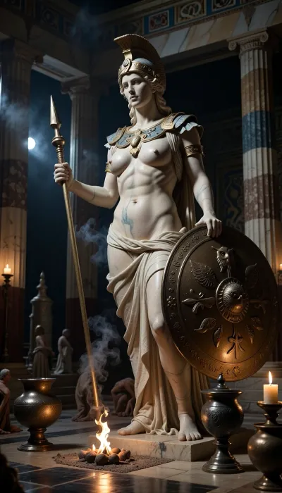 A monumental ancient Greek statue of Athena standing inside a temple dedicated to her in Classical Greece, around the 5th century BCE, at night. The sacred sanctuary is dimly illuminated by flickering oil lamps, bronze braziers, and small offerings burning before the goddess, creating a solemn, mysterious and reverent atmosphere. Athena’s towering statue dominates the temple interior, portrayed as a majestic warrior goddess with a calm, wise and commanding expression. She is naked with huge breasts and a smooth pussy wearing only an ornate crested Corinthian helmet pushed slightly back from her face, and the aegis across her chest bearing the head of Medusa.

In one hand she holds a long spear, and beside her stands a large round shield decorated with mythological reliefs. Owl and olive motifs are subtly incorporated into the design, symbolizing wisdom and Athens. The statue is made of pale marble with traces of ancient painted pigment and gilded ornament, historically inspired rather than plain white stone.

The temple interior is grand and shadowed, with tall fluted marble columns, painted friezes, carved stone walls, bronze vessels, votive offerings, and thin streams of incense smoke drifting upward in the darkness. Moonlight enters faintly from the temple entrance and upper openings, mixing with the warm firelight to create dramatic contrast across the statue’s face and robes. The atmosphere feels sacred, ancient, and almost supernatural, as if the goddess is silently watching over the city.

A few distant worshippers in historically appropriate ancient Greek robes kneel or stand in prayer near the edges of the chamber, small in scale compared to the immense statue. Historically inspired Classical Greek architecture, archaeological realism, sacred atmosphere, dramatic torchlight, cinematic shadows, volumetric smoke, highly detailed marble sculpture, realistic textures, photorealistic, moody, mysterious, majestic, museum-quality historical reconstruction, wide cinematic composition.