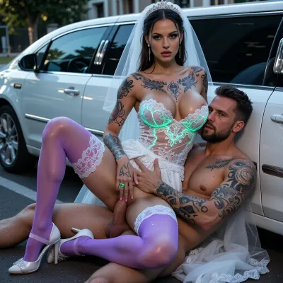 Bulgarian naked beauty in glowing ultraviolet lace, very big boobs, fit body, rich uv highlight color tattoos that glow under blacklight, ("UV blacklight photography, fluorescent body paint"), glowing details everywhere, Super clear, highly detailed, modern technique, plus colored alcohol ink, style of HR. Giger, many mystical tattoos, A woman in a white wedding dress and purple stockings poses seductively in a white limousine, the scene is bathed in natural light and showcasing the intricate details of the dress, veil, and high heels. One gay is lying on his stomach while another gay is lying on top of him and fucking him from behind very close hug, beard, broad shoulders, muscular build, short hair, blue eyes, realistic photo, 8k, full body