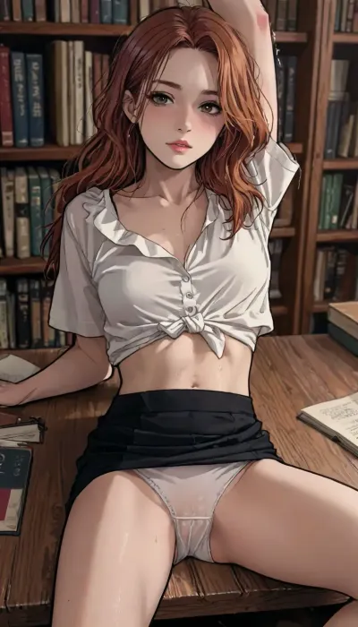 ((gavatino style)), Melkor mancin style, ratatatat74, masterpiece, best quality, ultra-detailed, 8k, photorealistic, sharp focus, intricate details, 22-year-old petite redhead secretary, brown eyes, long wavy red hair flowing loosely over shoulders, seductive orgasmic expression, heavy blush, white blouse completely open, small perky breasts fully exposed, tight pencil skirt pulled up, white wet panties stretched, semi-lying on library table, legs raised extremely high and spread wide, back deeply arched, both hands strongly stretching her wet white panties to the sides, fully showing her pussy, looking at viewer with intense flirty expression, mouth slightly open, trembling hard, sweaty skin, dramatic library lighting, bookshelves background, high contrast, detailed skin, <lora:LCMTurboMix_Euler_A_fix:.5>, <lora:EnvyBeautyXL02:1.5>, <lora:ratatatat74-000050:1.5>, <lora:mk_Bp Anime_xl:2>, <lora:flat_chested_v3.5:.8>